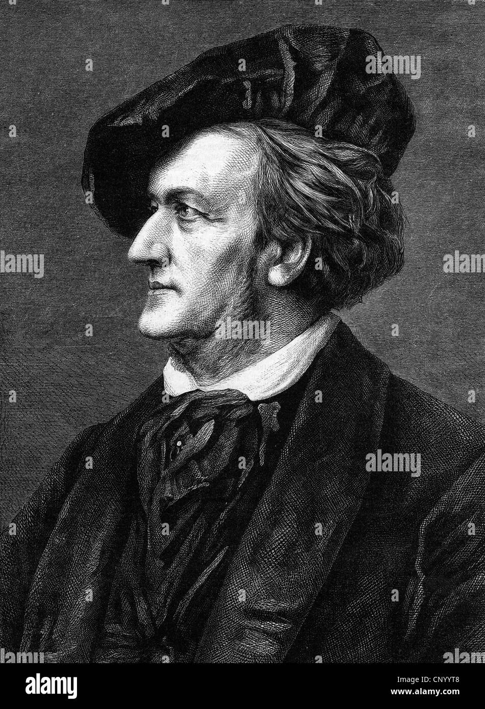 Wagner, Richard, 22.5.1313 - 13.2.1883, deutscher Komponist, Porträt, Profil, nach Foto, Holzgravur von Adolf Neumann, 19. Jahrhundert, Stockfoto