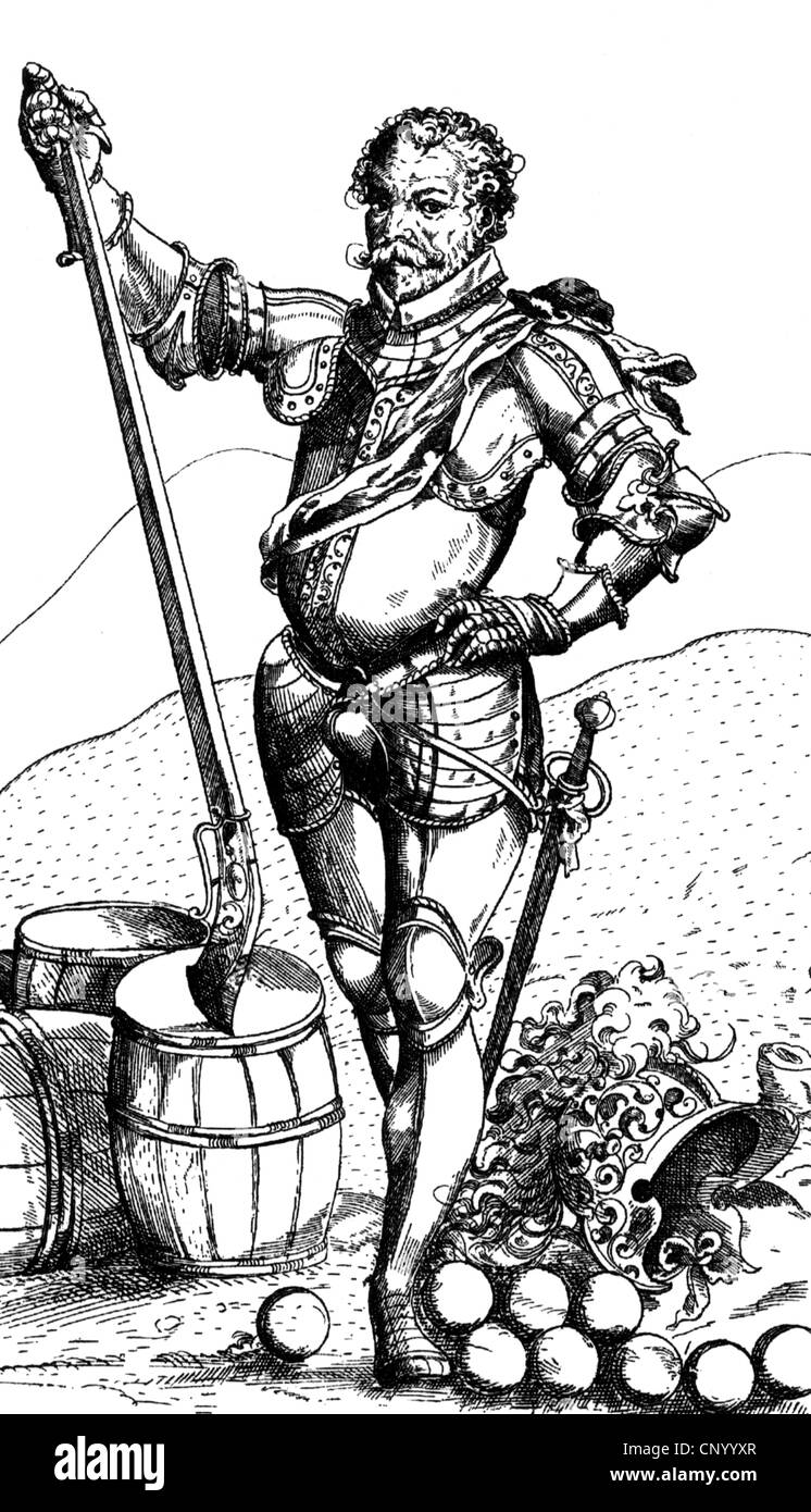 Drake, Francis, ca. 1540 - 28.1.1596, englischer Seefahrer und Privatier, volle Länge, Detail einer Radierung von Balthasar Jenichen (1560 - 1582), 16. Jahrhundert, Stockfoto