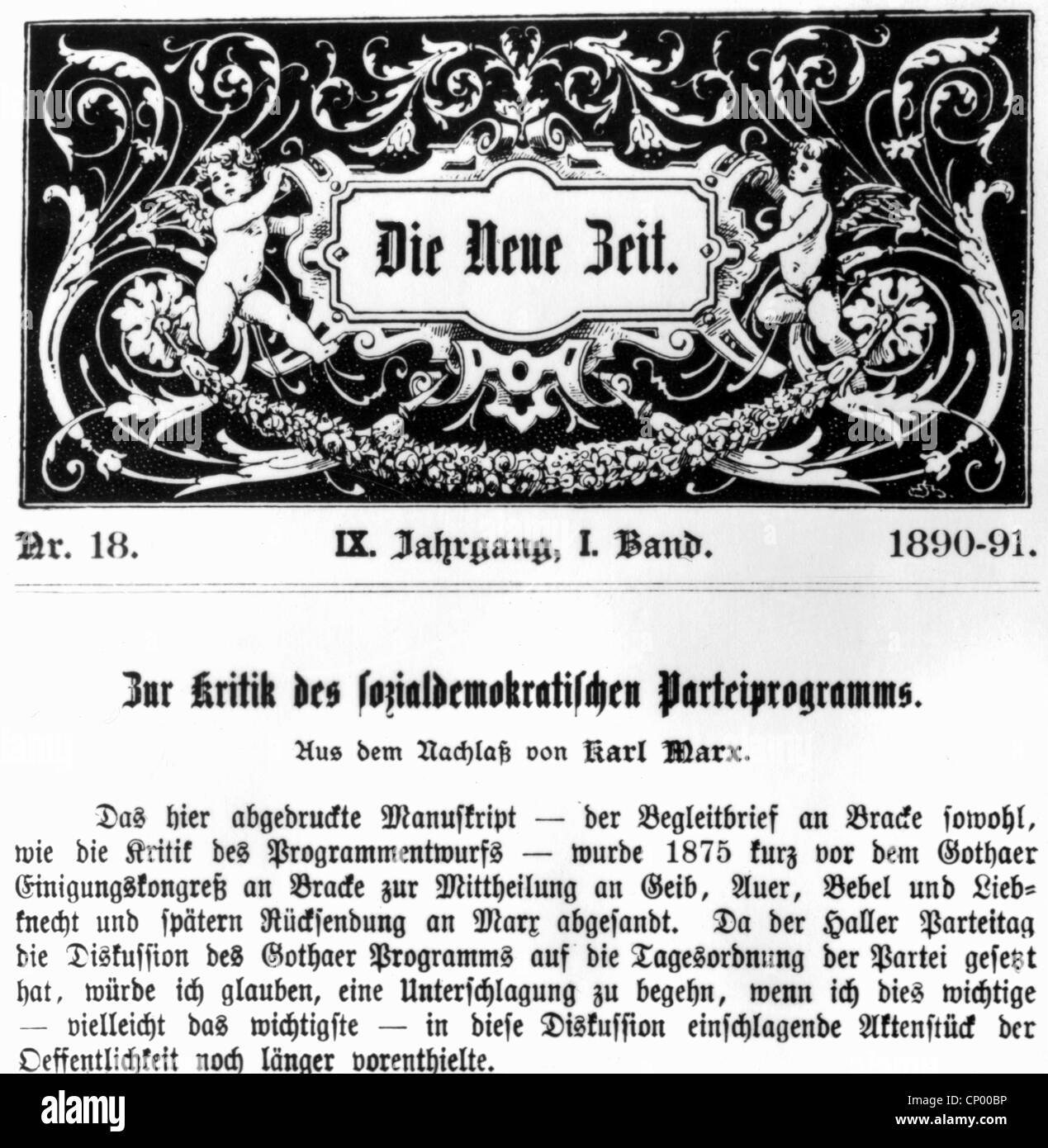 Marx, Karl, 5.5.186 - 14.3.1883, deutscher Philosoph, Werke, "EINE Kritik des deutschen sozialdemokratischen Programms", erstmals veröffentlicht in "neue Zeit", Nr. 18, Band 9, Stuttgart, 1890/1899, Stockfoto
