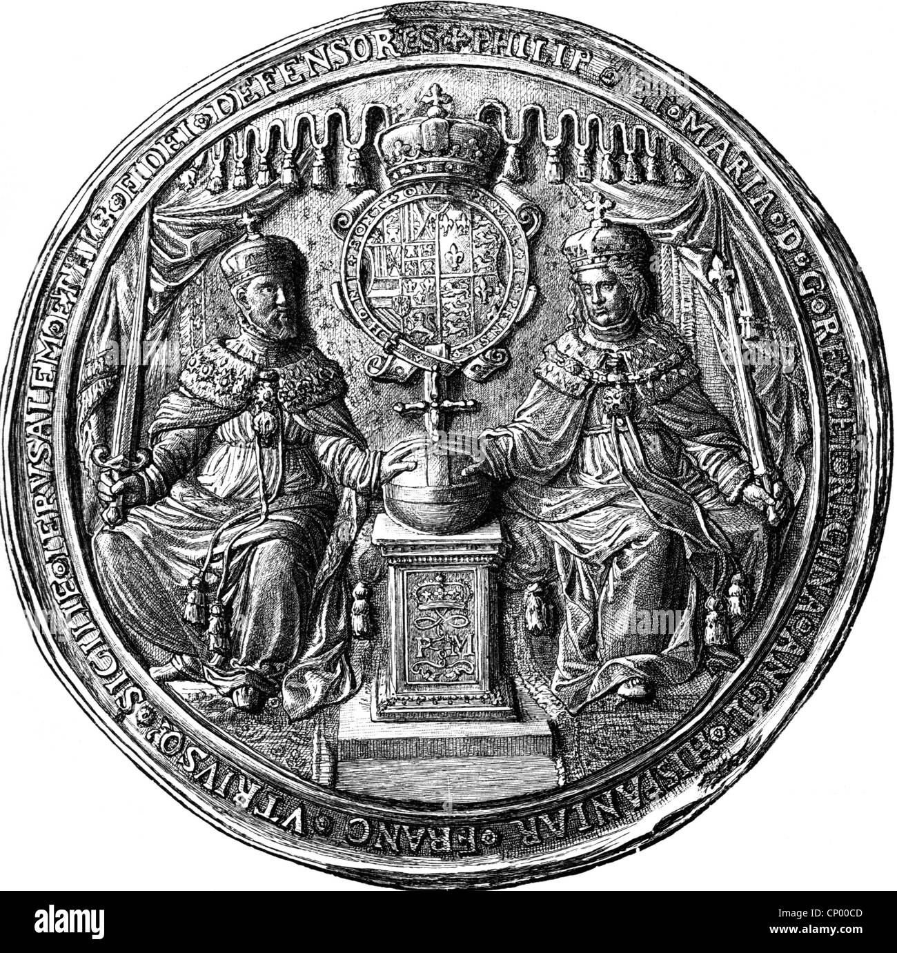 Philipp II., 21.5.1527 - 13.9. 1598, König von Spanien 16.1.1556 - 13.9.1598, mit Frau Königin Maria I. von England, Siegel, Vorderseite, Holzgravur, 19h Jahrhundert, Stockfoto