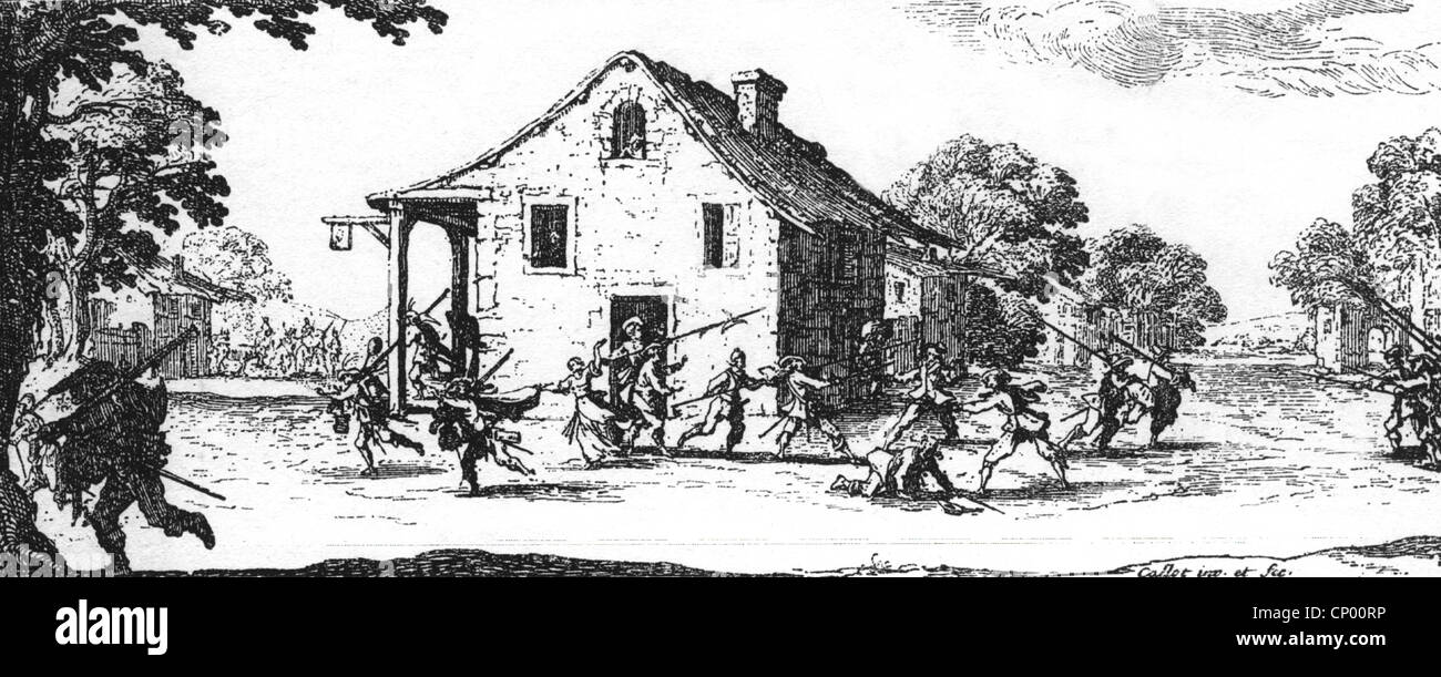 Ereignisse, Dreißigjähriger Krieg 1618 - 1648, Gräueltaten, Plünderung einer Taverne, Radierung, 'das Elend und Unglück des Krieges' von Jacques Callot, 1633, zusätzliche-Rechte-Clearences-nicht vorhanden Stockfoto