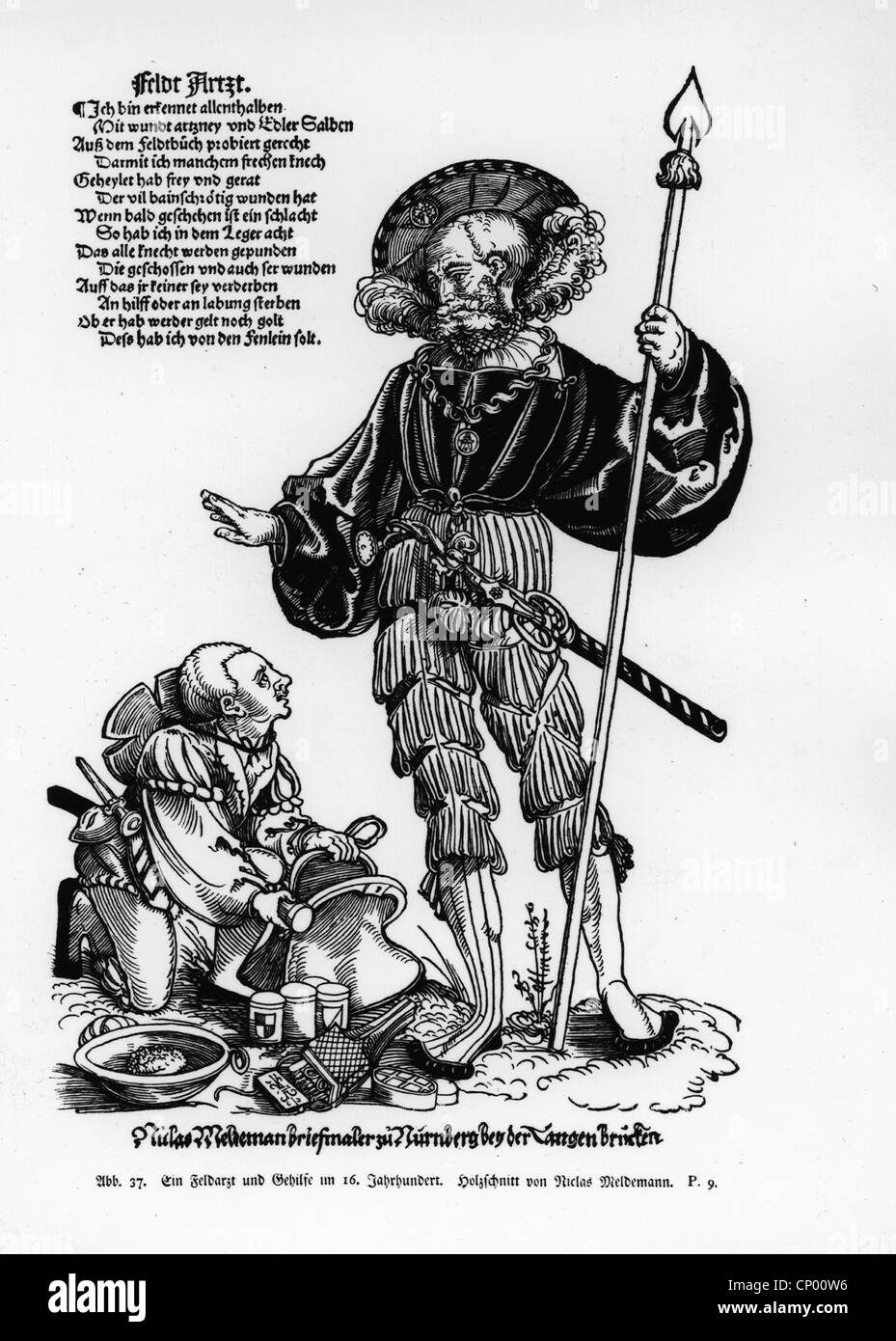 Medizin, Narkose, Narkose Schwamm, Militärchirurg mit seinem Assistenten, 16. Jahrhundert, Holzschnitt von Niclas Meldemann, um 1530, Zusatzrechte-Clearenzen-nicht vorhanden Stockfoto