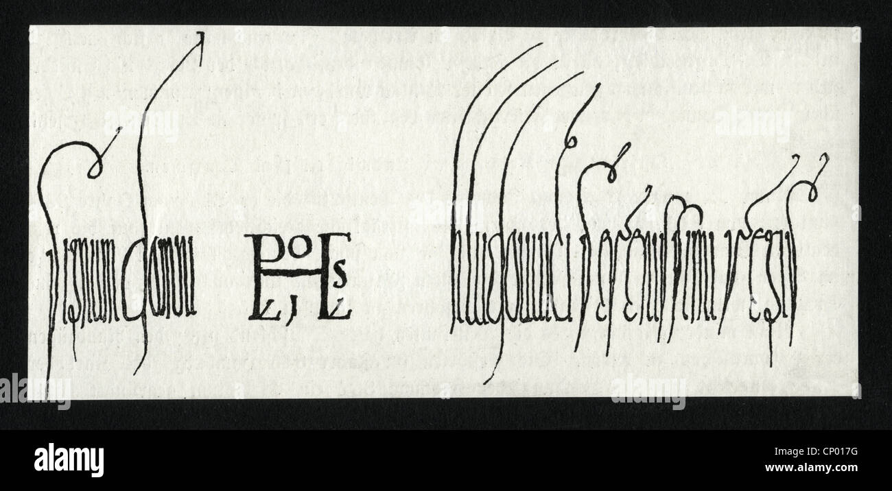 Louis II. "Die deutschen", ca. 805 - 28.8.876, König von East Franken, 20.6.840 - 28.8.876, seine Signatur, Zertifikat, Frankfurt, Stockfoto