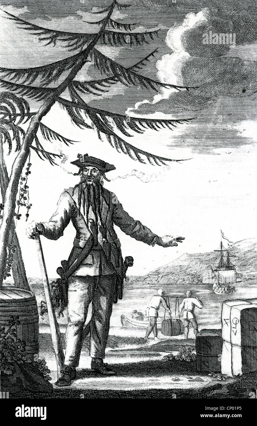 EDWARD TEACH - englischen Piraten BLACKBEARD der Pirat (c. 1680-1718) in eine 1736-Gravur Stockfoto