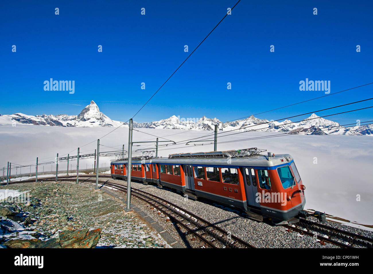 Gornergratbahn Berg Zahnradbahn und Matterhorn, Schweiz Stockfoto
