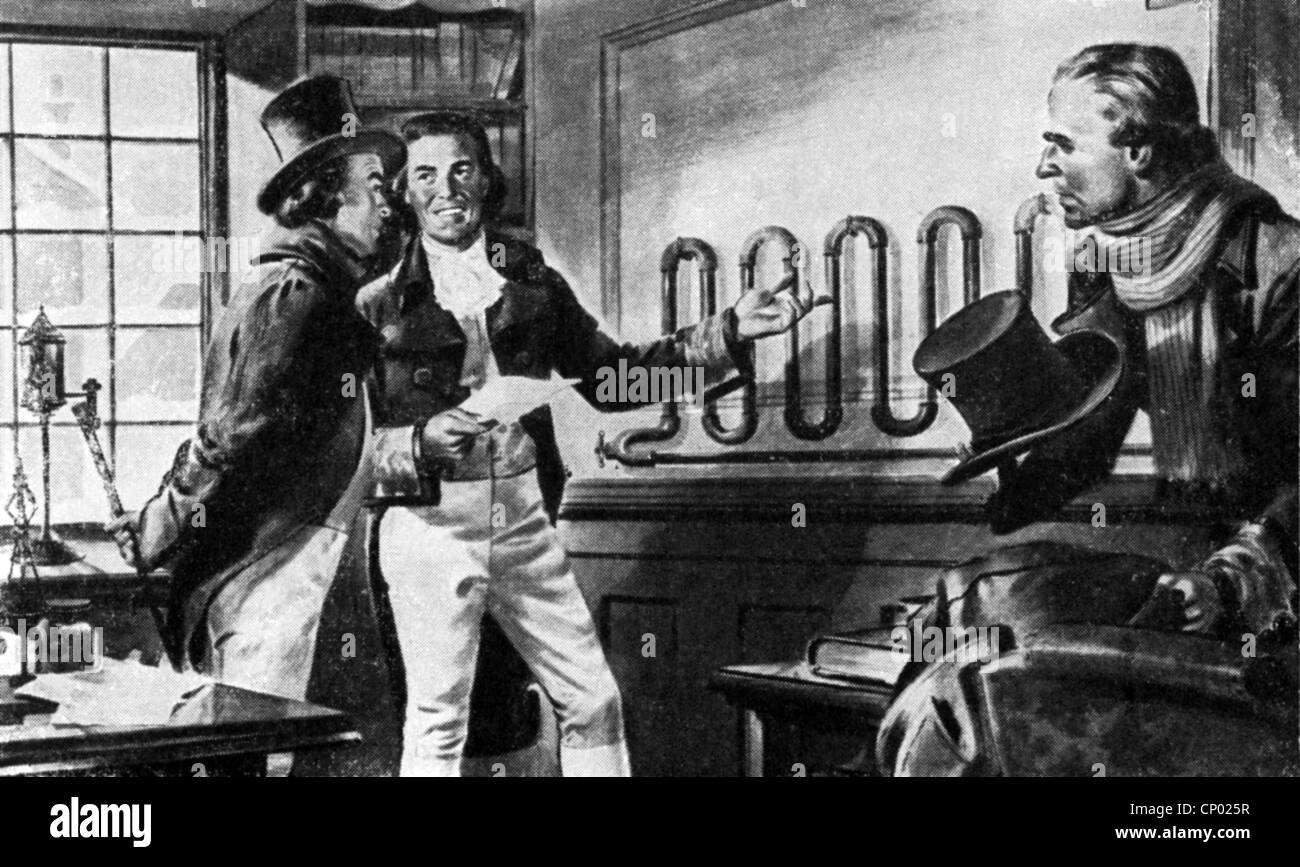 Watt, James, 19.1.1736 - 25.8.1819, schottischer Ingenieur und Erfinder, demonstriert ein Dampf-Heizsystem Zeichnung des 20. Jahrhunderts Stockfoto