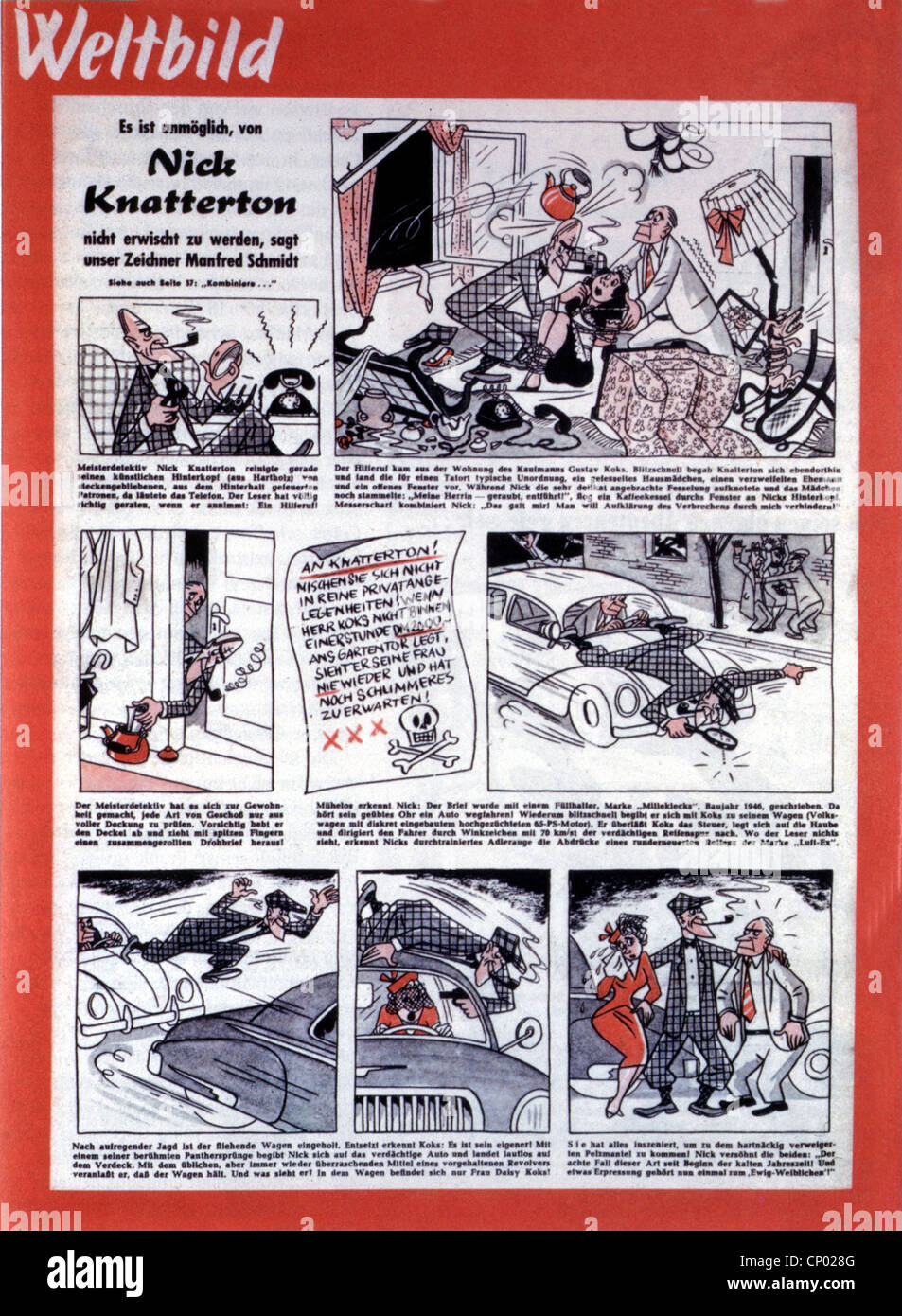Literatur, Comic 'Nick Knatterton' von Manfred Schmidt, Kurzgeschichte, erschienen in 'Weltbild' Nr. 24/1951, Additional-Rights-Clearences-not available Stockfoto
