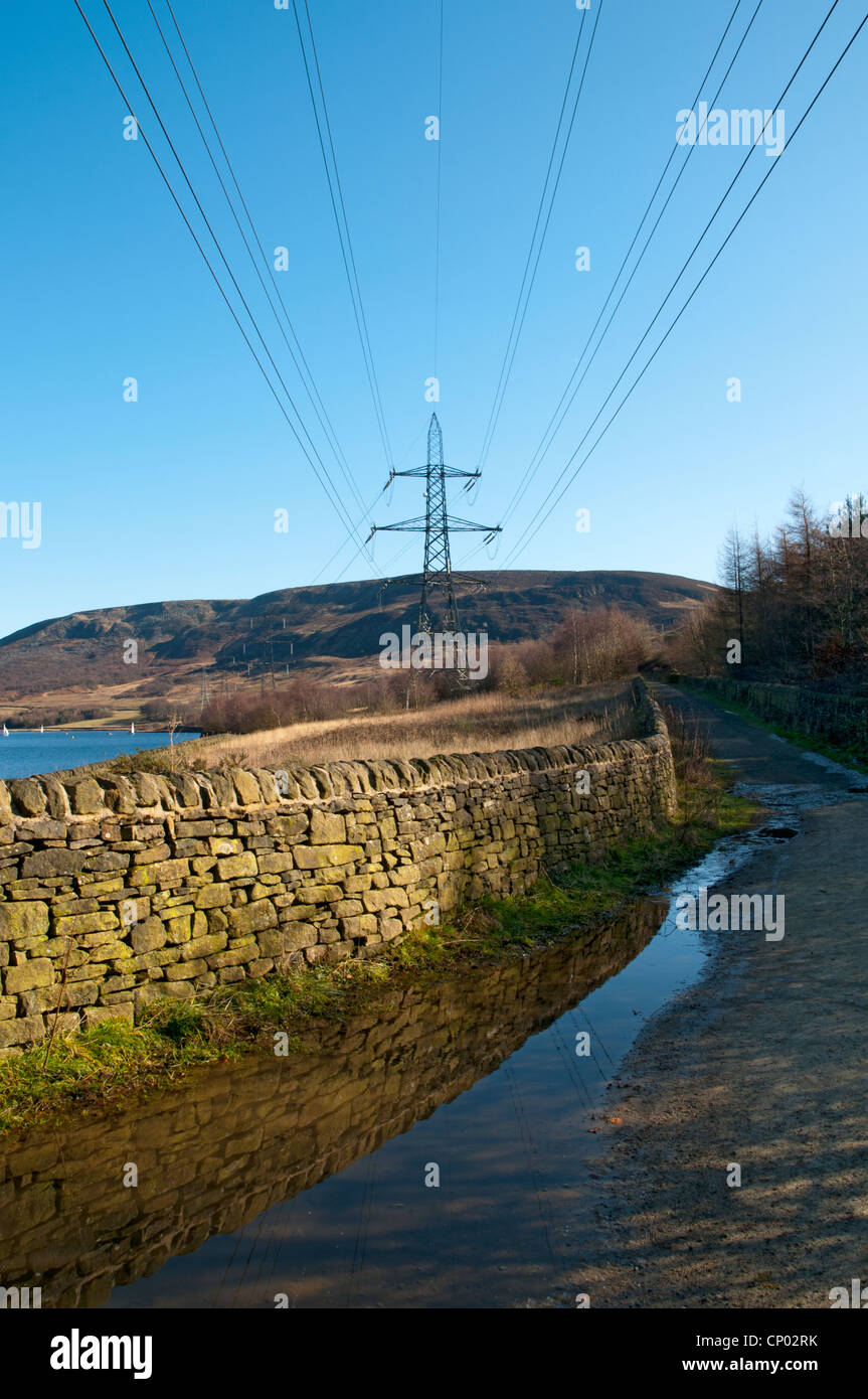 Strommasten durch Torside Reservoir in den Longdendale Valley, Peak District, Derbyshire, England, UK Stockfoto