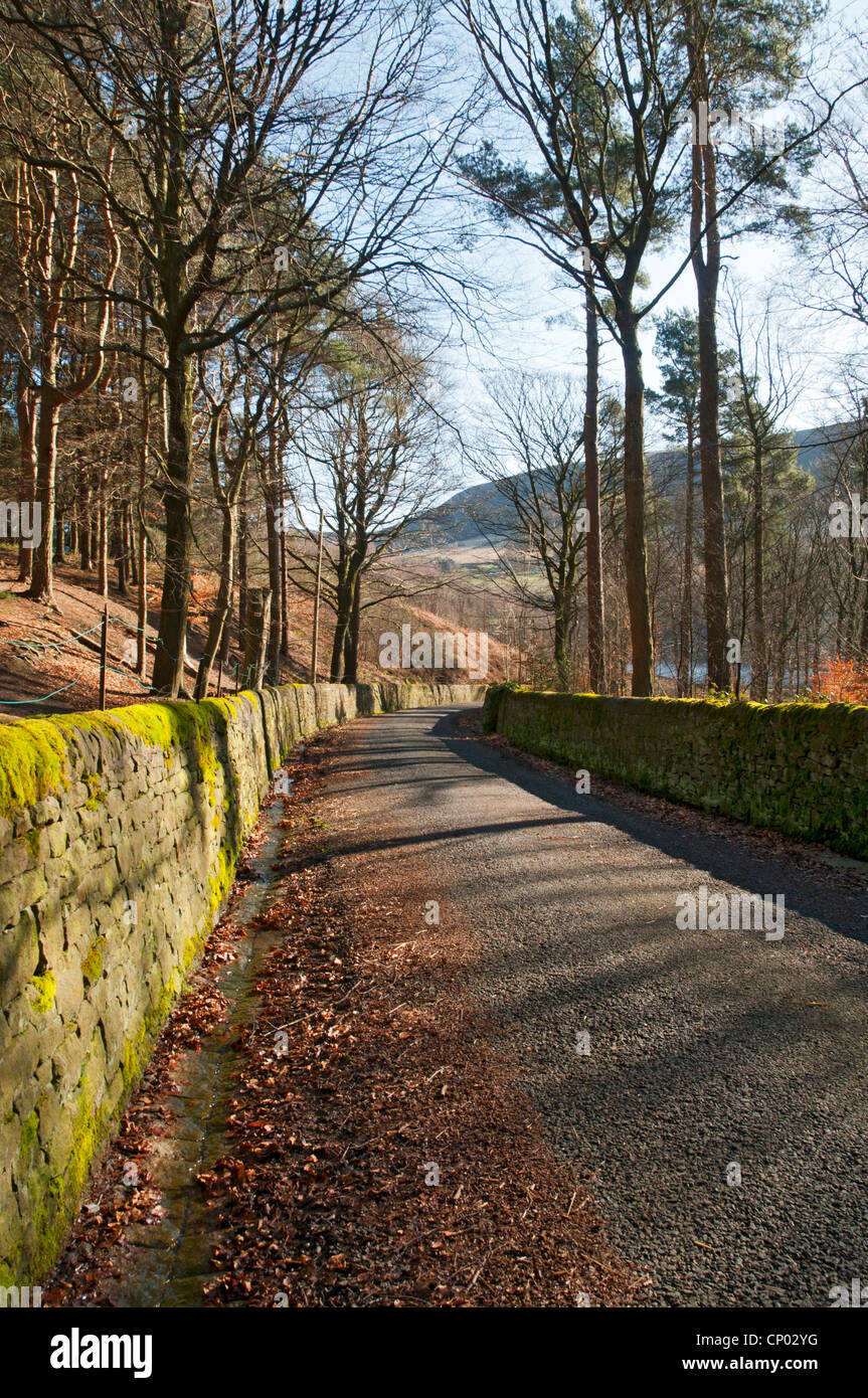 Die Straße zum Rhodeswood Reservoir dam in Longdendale Tal, Peak District, Derbyshire, England, Großbritannien Stockfoto