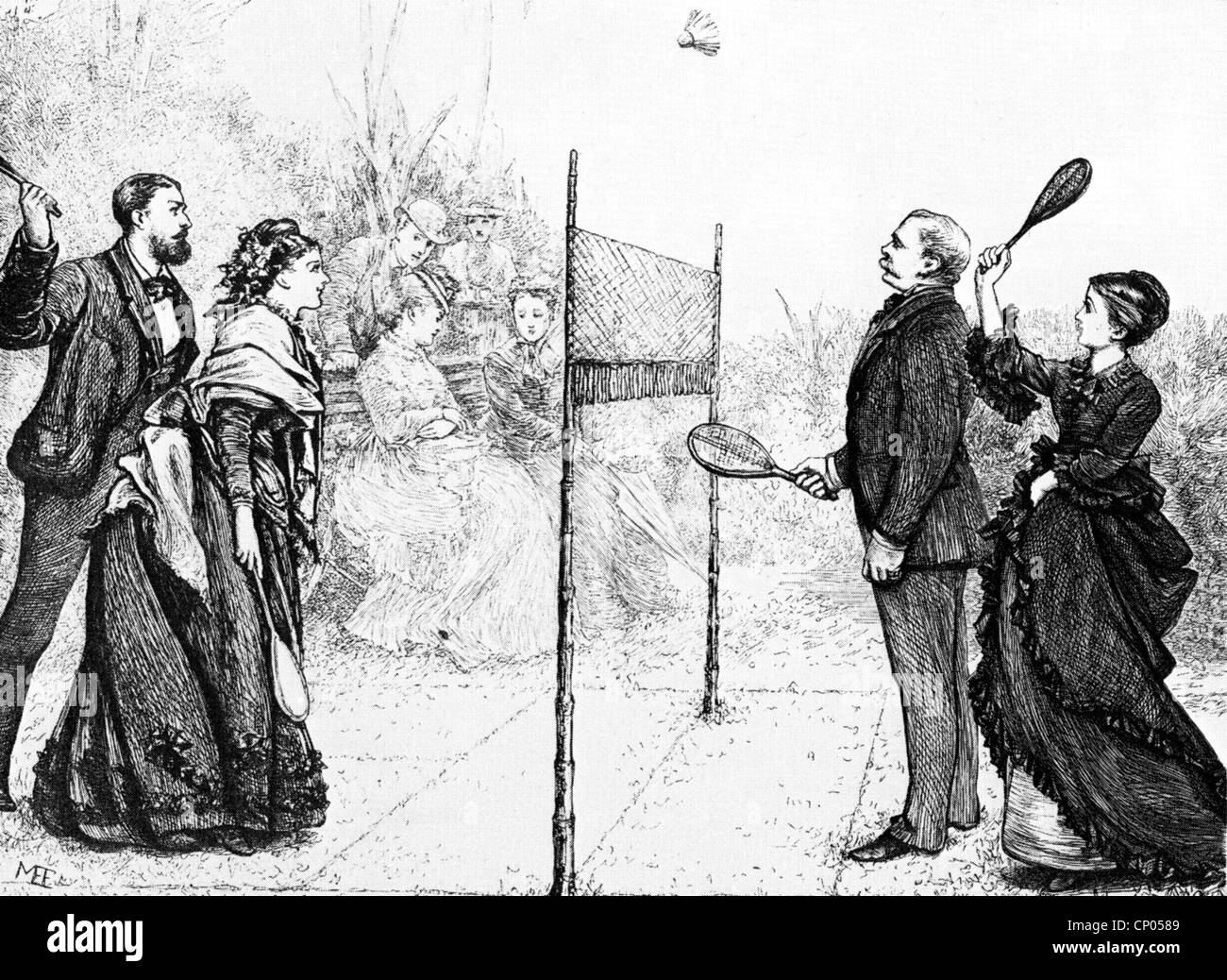 Badminton-Mixed-Doppel um 1870 Stockfoto