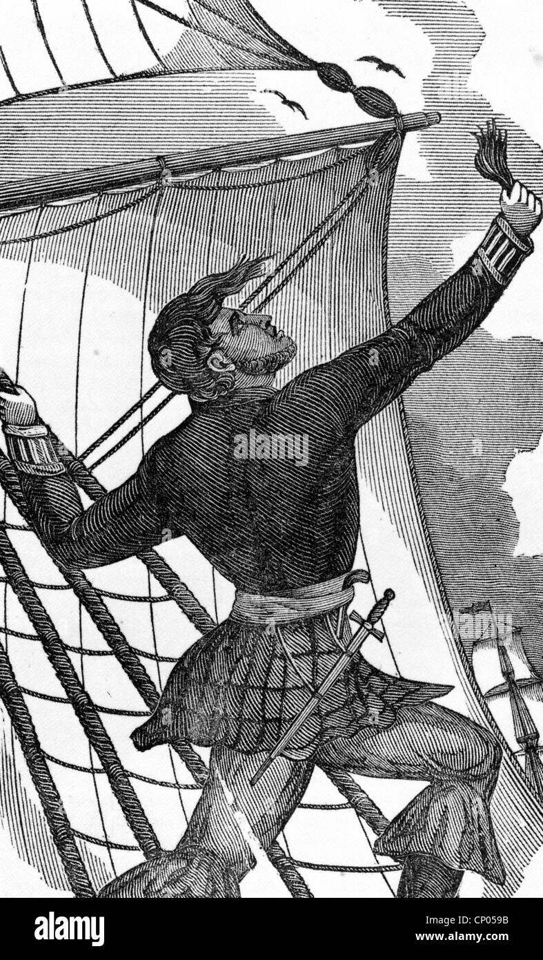 Piraten: Kapitän William Lewis bietet eine Haarlocke seiner dem Teufel für einen Versuch, die Geschwindigkeit für sein Schiff im Jahre 1727 zu gewinnen Stockfoto