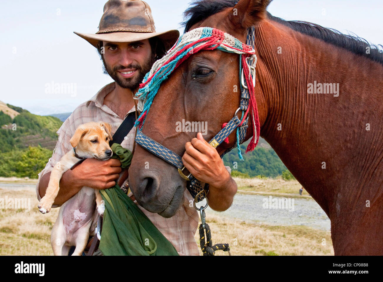 Österreichischen Cowboy mit seiner Stute und seinem Hund auf Camino de Frances, Spanien, Baskenland, Navarra Stockfoto