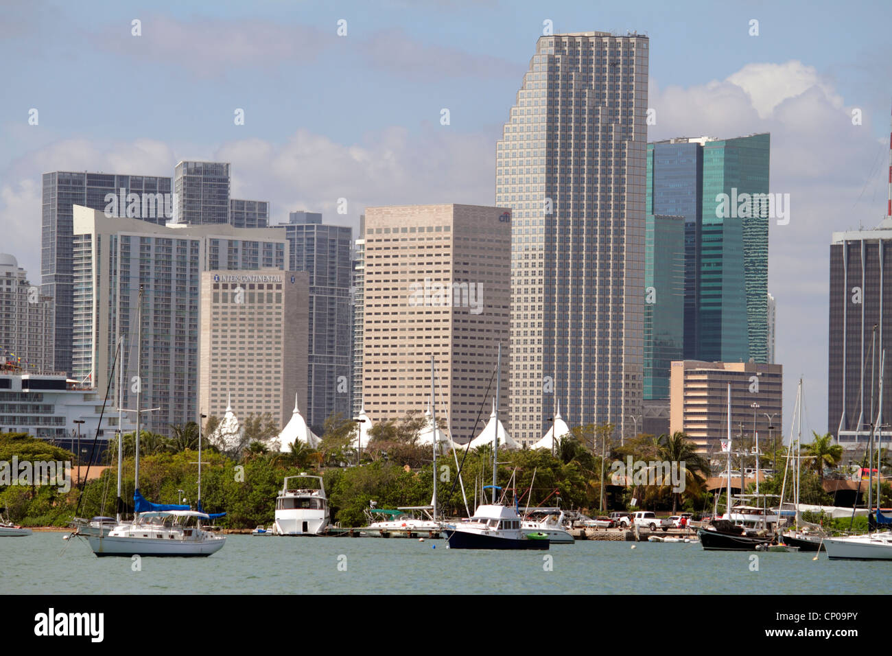 Miami Florida, Biscayne Bay Water, Skyline der Innenstadt, Bürogebäude, Skyline der Stadt, Stadtbild, Hotels, Boote, Southeast Financial Center, Zentrum, Dschungel I Stockfoto