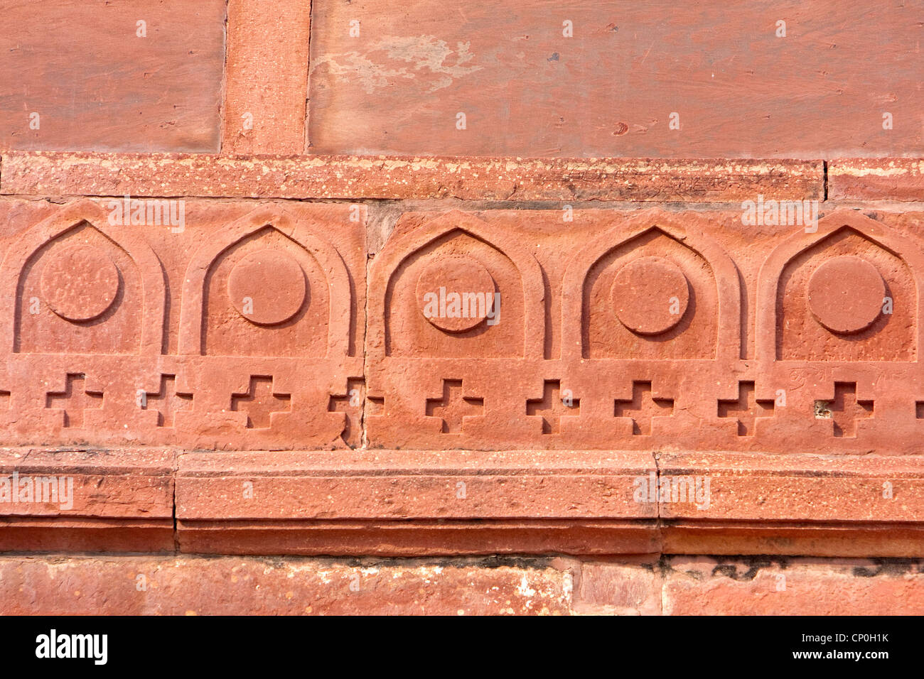 Fatehpur Sikri, Uttar Pradesh, Indien. Dekorative Gestaltung auf der Jodhbai Palast. Stockfoto