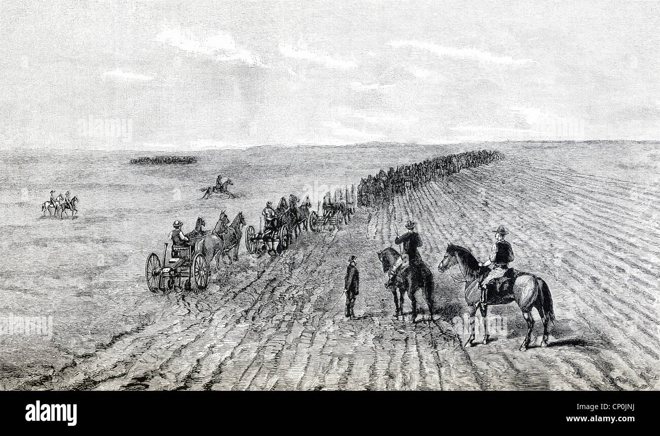 Eine Goldgrube Farm geerntet eine Phrase in USA in den 1870er Jahren, sehr große landwirtschaftliche Betriebe im Sinne vor allem Weizen, hier Pflügen. Stockfoto