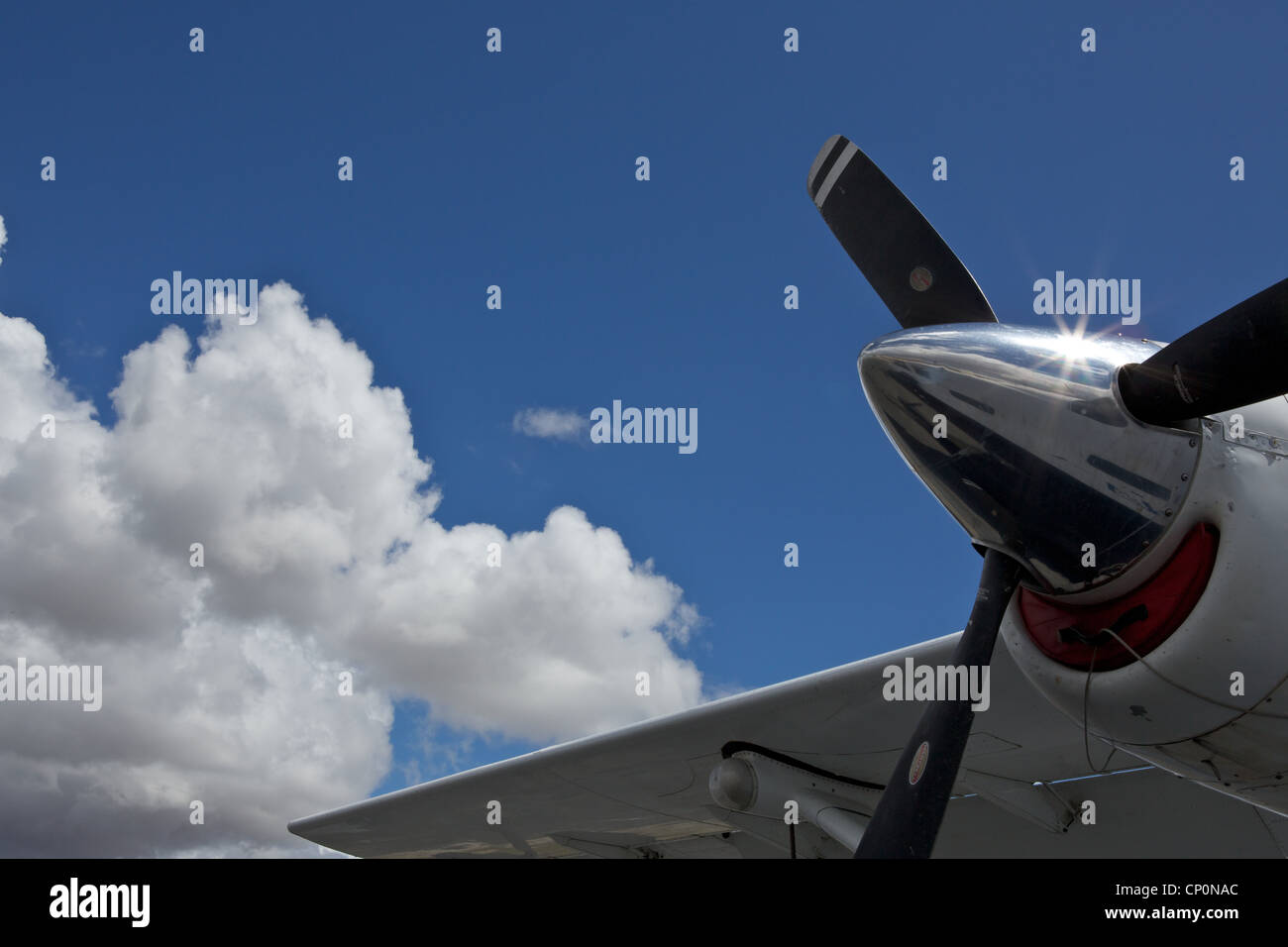 Flugzeug-Propeller und Flügel des Flugzeugs gegen eine blaue Wolke Himmel und Sonne glitzern auf Chrome Requisiten-Kappe Stockfoto