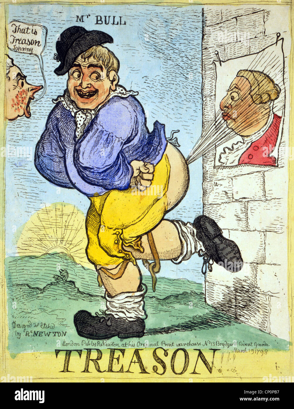 Verrat!!! Ein Stout, John Bull lächelnd leitet eine Explosion aus seinem Auffahrunfall auf ein Poster von König George III an die Wand geheftet. Stockfoto