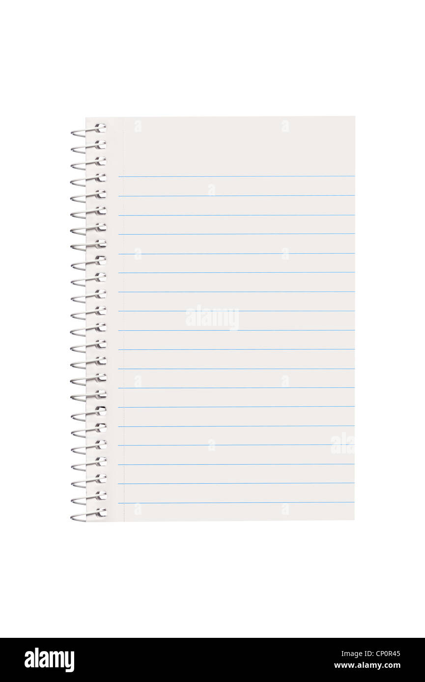 Eine neue, leere Spiralbindung Notizblock mit Raum für Kopie isoliert auf einem weißen Hintergrund. Stockfoto