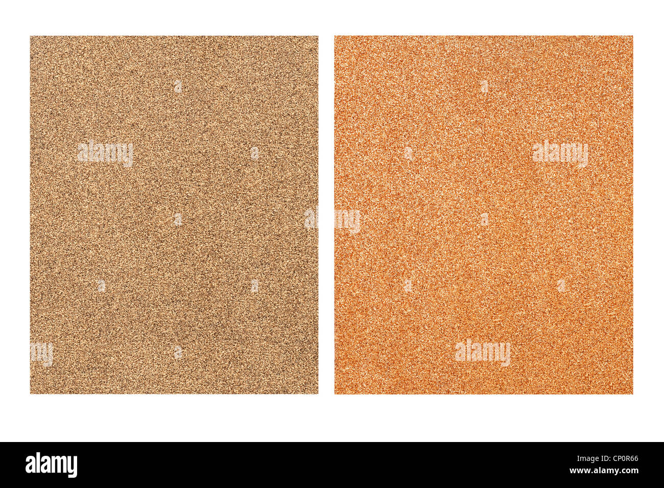 Zwei neue grobes Blatt Schleifpapier sehr grobe Handwerker für die Holzbearbeitung. Isoliert auf weiss für einfache Bedienung. Stockfoto