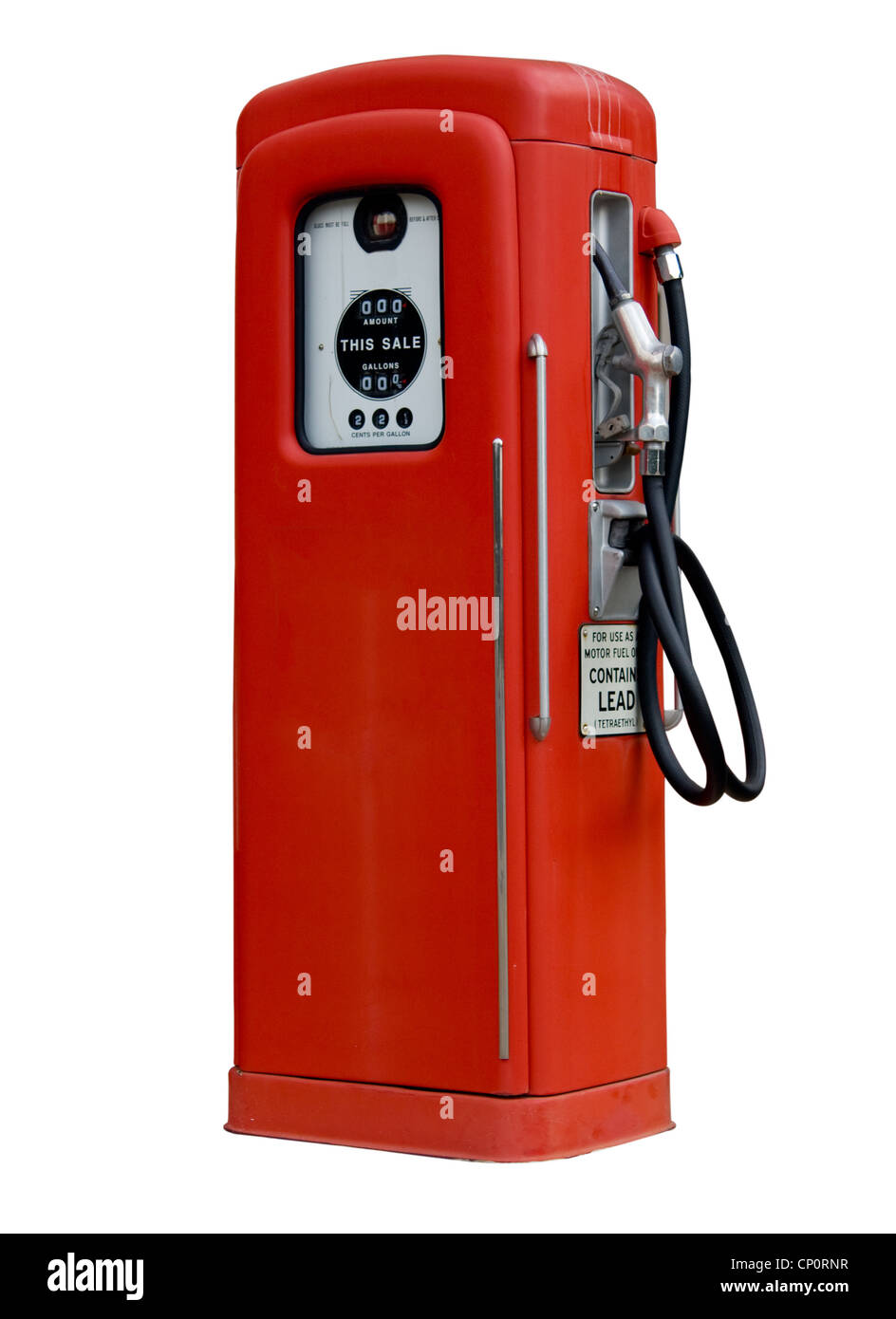 Isolierung von alten roten Benzin-Zapfsäule mit 25c Gas auf Zifferblättern Stockfoto