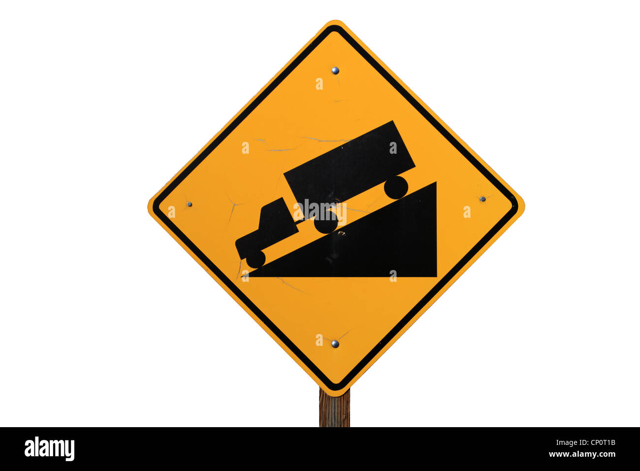steile Straße Zeichen mit einem LKW fahren auf einer steilen Herabstufung in schwarz und gelb auf weißem Hintergrund Stockfoto