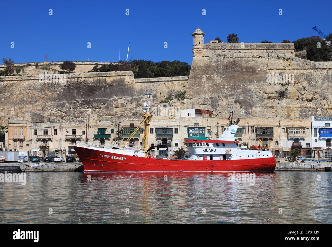 Offshore-Forschung Vermessungsschiff Thor Beamer im Hafen von Valletta, Malta, Südeuropa. Stockfoto