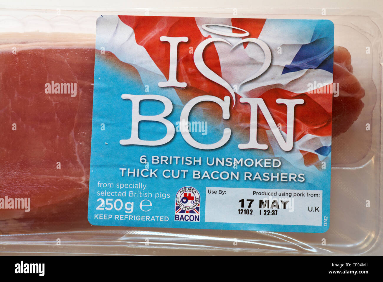 Ich liebe BCN Speck Label Pack 6 britische ungeräucherte dick geschnittenen Speck Speck Stockfoto