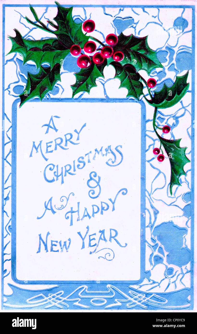 Ein frohes Weihnachtsfest und ein glückliches neues Jahr mit Holly - Vintage-Karte Stockfoto