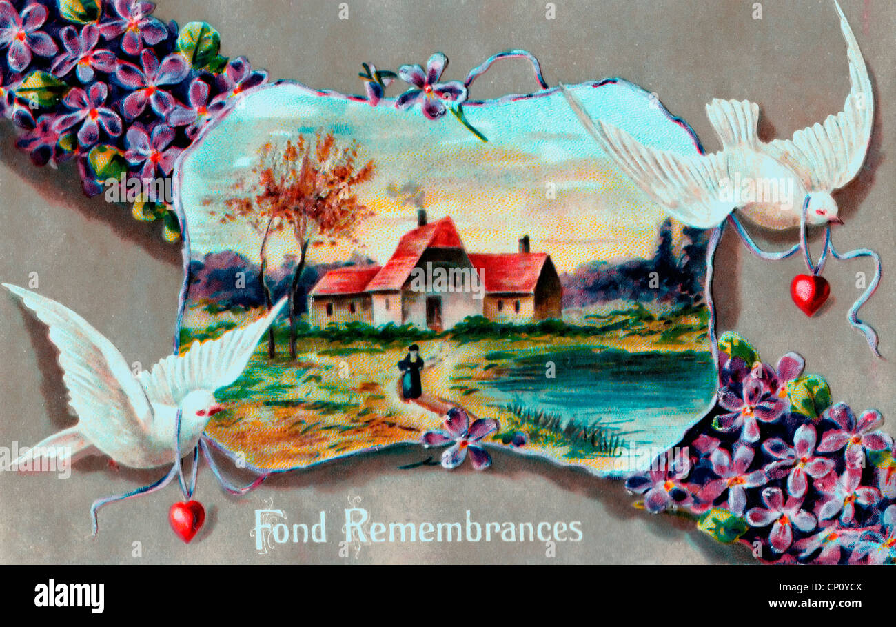 Schöne Erinnerungen - Ansichtskarte mit Blumen, Taube und Bauernhof-Szene Stockfoto