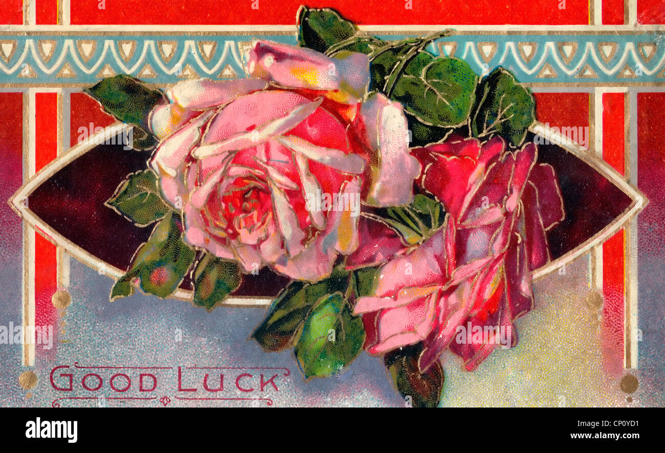 Viel Glück - Ansichtskarte mit Rosen Stockfoto