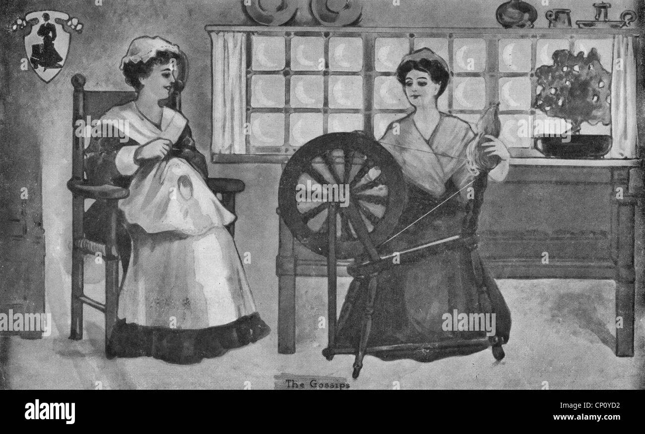 Der Klatsch - Vintage Illustration von zwei Frauen nähen, Weben und Klatsch Stockfoto