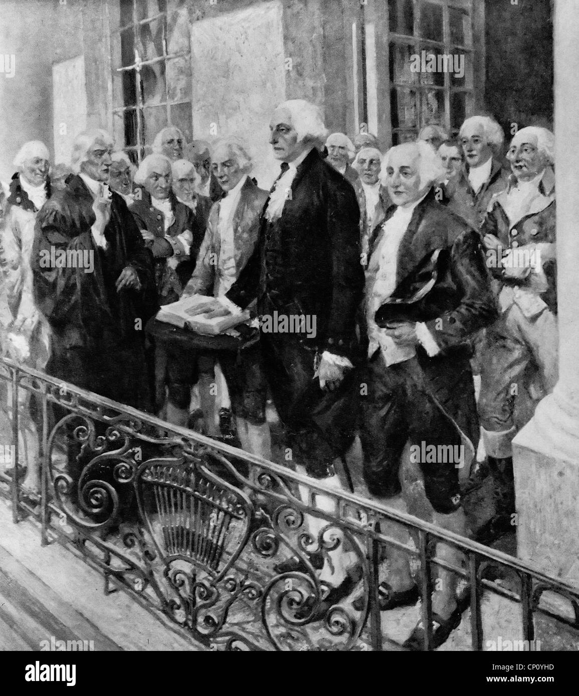 George Washington Vereidigung, 1. Präsident der Vereinigten Staaten auf dem Balkon der Federal Hall in New York City, 4. März 1789 Stockfoto