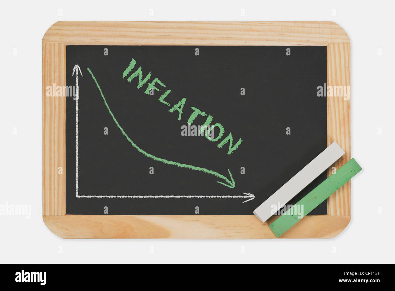 Tafel, ein Diagramm mit einer abgelehnten Kurve. An die Tafel ist das Wort Inflation geschrieben. Grüne und weiße Kreide. Stockfoto
