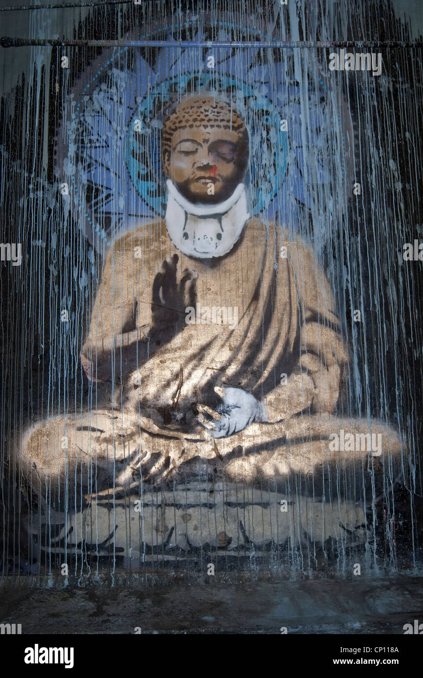 "Buddha" von Banksy auf dem Dosen-Festival, London. Stockfoto