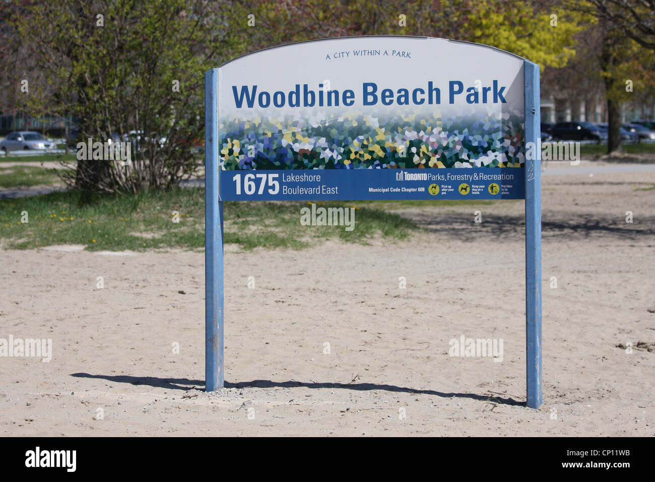 Woodbine-Strand-Parkschild Stockfoto