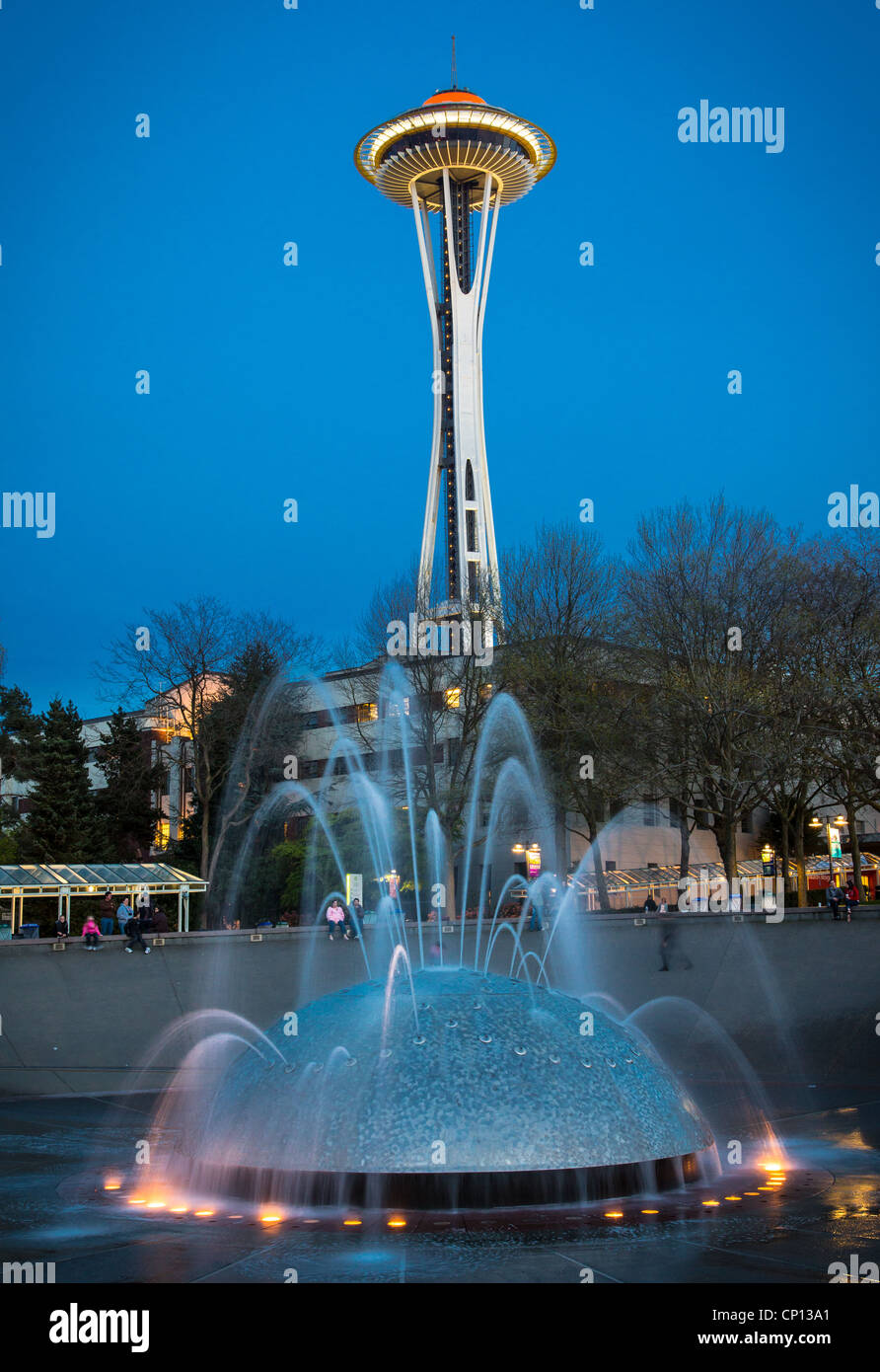 Space Needle und internationalen Brunnen im Seattle Center in Seattle, Washington Stockfoto