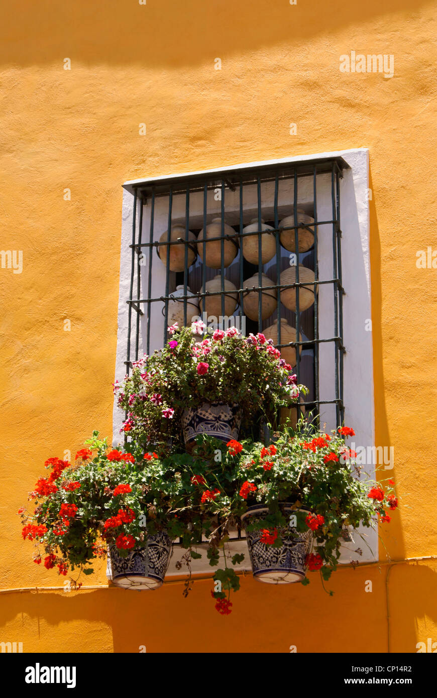 Bunte Blumen schmücken die Fenster eines Hauses in der Stadt Puebla, Mexiko. Das historische Stadtzentrum von Puebla ist ein UNESCO-Weltkulturerbe. Stockfoto