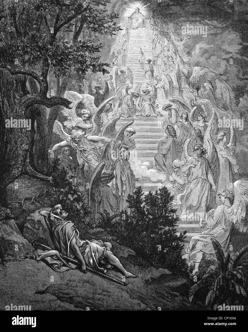 Religion, biblische Szenen, "Jacob's Dream', Holzstich zur Bibel von Gustave Doré, 1866, Artist's Urheberrecht nicht gelöscht werden Stockfoto