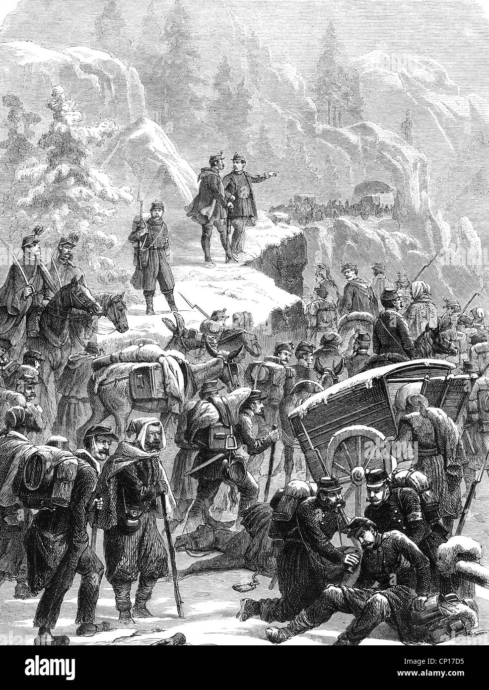 Ereignisse, Französisch-Preußischer Krieg 1870 - 1871, Rückzug der französischen Armee des Ostens, Marsch durch Val de Travers, Schweiz, 1.- 3.2.1871, Holzstich nach Zeichnung von Anjourd'hui, 19. Jahrhundert, Armee de l'Est, Niederlage, Frankreich, Winter, Schnee, Erschöpfung, Internierung, Soldaten, Sanitätsrat, Alpen, Franco - Preußen, historisch, historisch, Menschen, Zusätzliche-Rechte-Clearences-Nicht Verfügbar Stockfoto