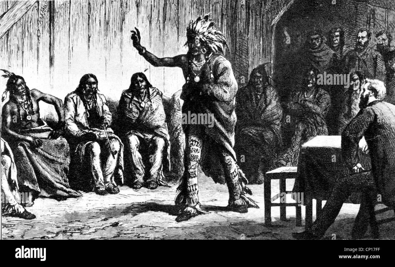 Geographie / Reisen, Vereinigte Staaten von Amerika, Friedensverhandlungen zwischen der Regierung und amerikanischen Indianern, US-Delegation und Großrat von Sioux, Holzstich, 19. Jahrhundert, historisch, historisch, Peace Parley, Friedensverhandlungen, Peace Parleys, Nordamerika, Menschen, Zusatzrechte-Clearences-nicht vorhanden Stockfoto