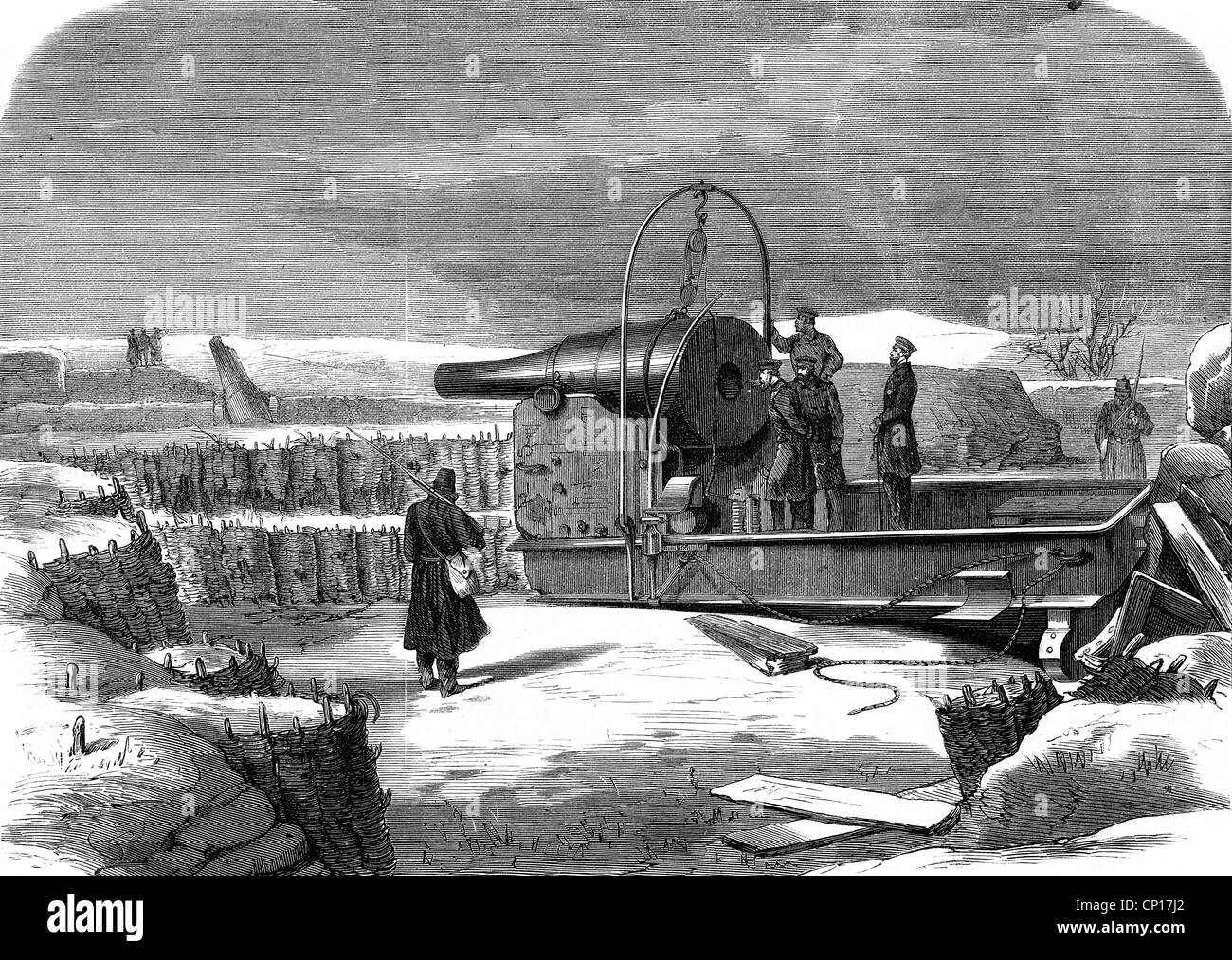 Deutsch-französischer Krieg 1870 - 1871, Belagerung von Paris 19.9.1870 - 28.1.1871, Riesengewehr 'La Valerie' auf dem Valerien nach der Kapitulation, Holzstich nach Zeichnung von Otto Günther, 1871, Zusatzrechte-Freiräumungen-nicht vorhanden Stockfoto