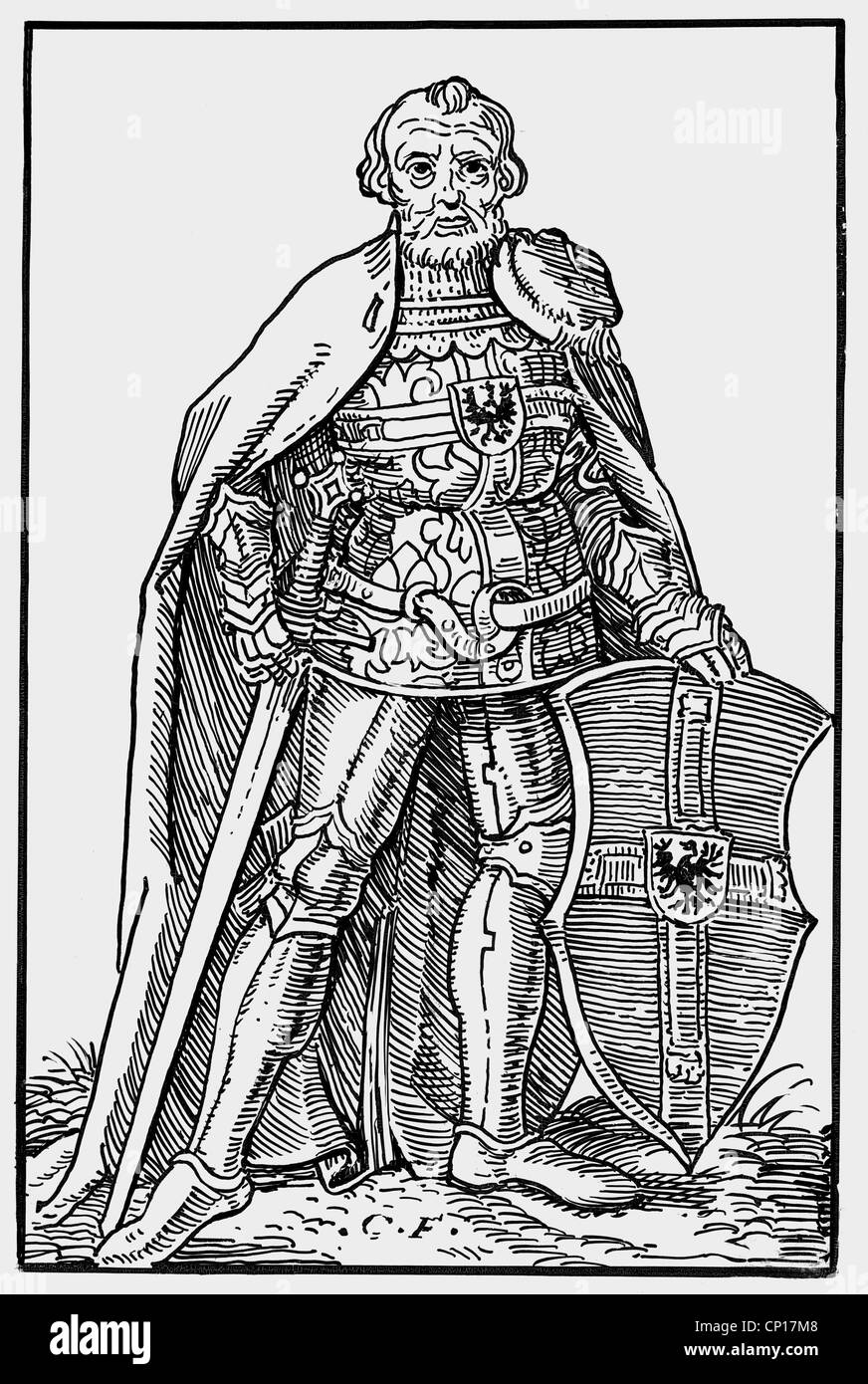 Heinrich Reuss von Plauen, 1400 - 2,1.1470, Großmeister des Deutschen Orden 17.10.669 - 2.1.1470, volle Länge, Holzschnitt, 16. Jahrhundert, Stockfoto