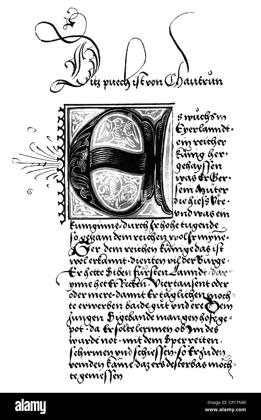 Literatur, Beginn des Kudrun-Epos, 16. Jahrhundert, Zusatzrechte-Clearences-nicht vorhanden Stockfoto