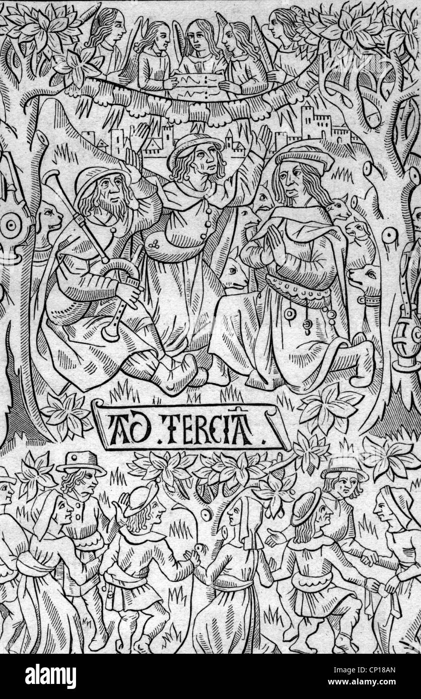 weihnachten, Tradition / Folklore, Hirten feiern die Geburt von Jesus von Nazareth, Holzschnitt aus Französisch Stundenbuch, 15. Jahrhundert, Hirte, historisch, historisch, Christus, Tanz, Musik, Dudelsäcke {pl}, Pfeifen {pl}, Dudelsäcke, spielen die Dudelsäcke, Feier, ländliche, mittelalterliche Zeiten, Mittelalter, Wald, Holz, Brauch, Menschen, zusätzliche-Rechte-Clearences-nicht verfügbar Stockfoto