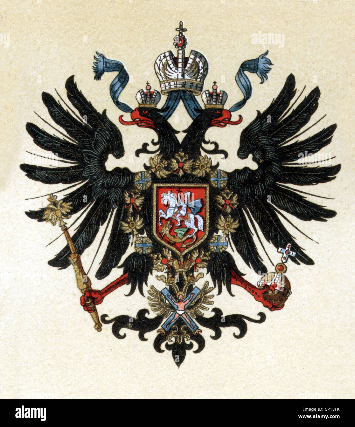 Wappen, Russland, Reichswappen bis 1917, Staatswappen, Chromolithographie, 1897, 1890er, 19. Jahrhundert, historisch, historisch, Adler, Doppeladler, Zweikopfadler, Doppel, Krone, Zepter, Zepter, Zepter, Zepter, Zepteris, Reichsapfel, Insignien, Insignien, St. Georg, Orden des Hl. Andreas, Wappentier, Wappentiere, Wappentiere, Wappentiere, Wappentiere, nicht-Adel-Clearences Stockfoto