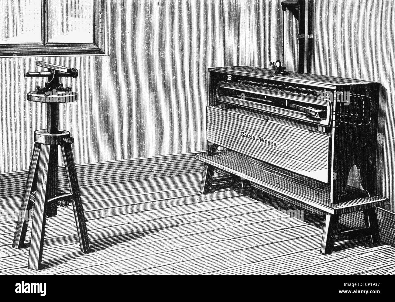 Gauß, Karl Friedrich, 1770-1855, deutscher Wissenschaftler (Mathematikhistoriker), sein elektromagnetischer Telegraf, entwickelt mit Wilhelm Weber, Holzgravur, 19. Jahrhundert, Stockfoto
