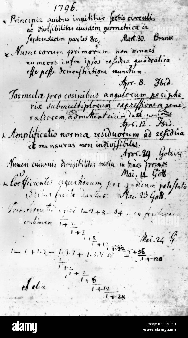 Gauß, Karl Friedrich, 1777.55, deutscher Wissenschaftler (Mathematikhistoriker), analytischer Eintrag aus seinem wissenschaftlichen Tagebuch über die Erbaubarkeit des 17-Eckens vom 29.3.1796, Stockfoto