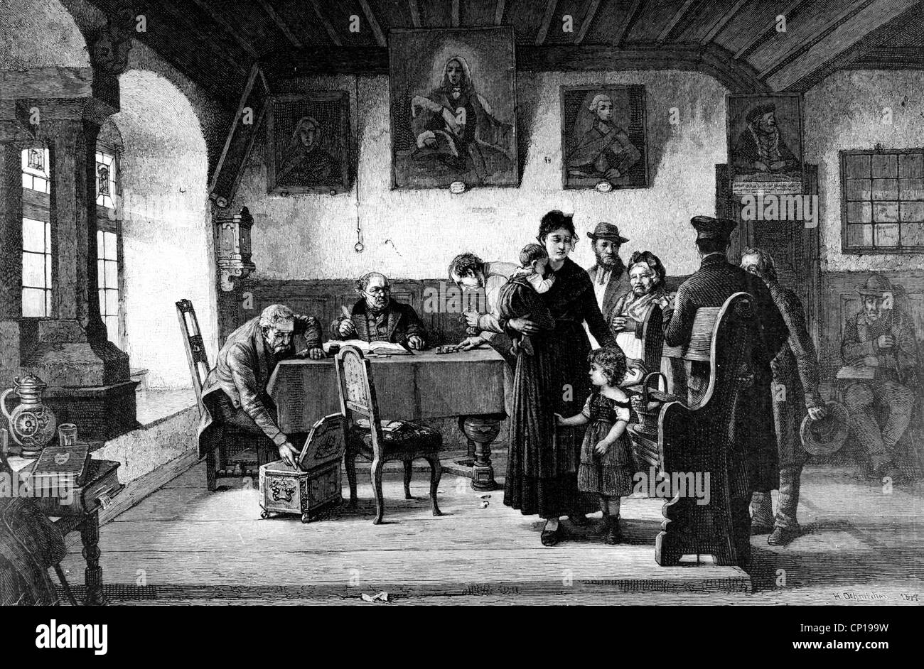 Geld / Finanzen, Zinsen und Steuern, Steuereintreiber, 'der Steuertag', Holzstich, 1888, nach Malerei von Hugo Oehmichen (1843- 1933), , Zusatz-Rechte-Abferungen-nicht vorhanden Stockfoto