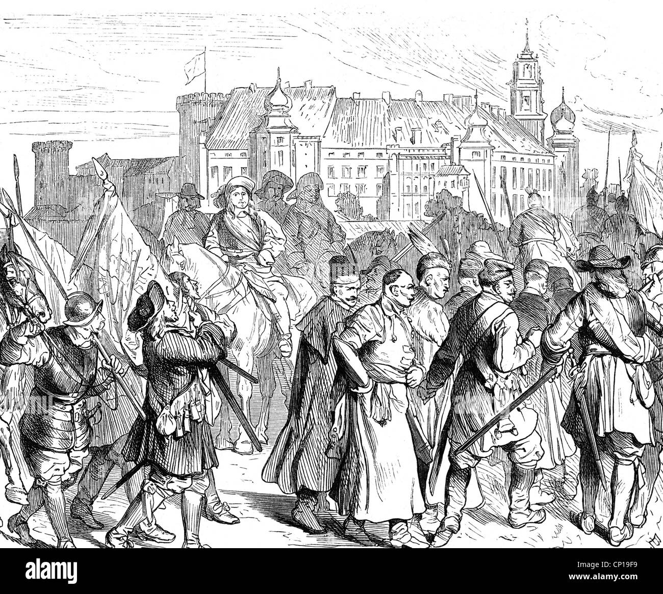 Charles X Gustav, 8.11.1622 - 23 2.1660, König von Schweden 16.6.1654 - 23.2.1660, im eroberten Polen, 1655, Holzgravur, 19. Jahrhundert, Stockfoto