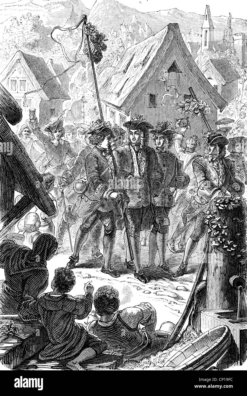 Linne, Carl von, 23.5.1707 - 10. 1.278, schwedischer Naturwissenschaftler, Szene, Rückkehr von einer botanischen Reise mit seinen Studenten, Holzgravur, 19. Jahrhundert, Stockfoto